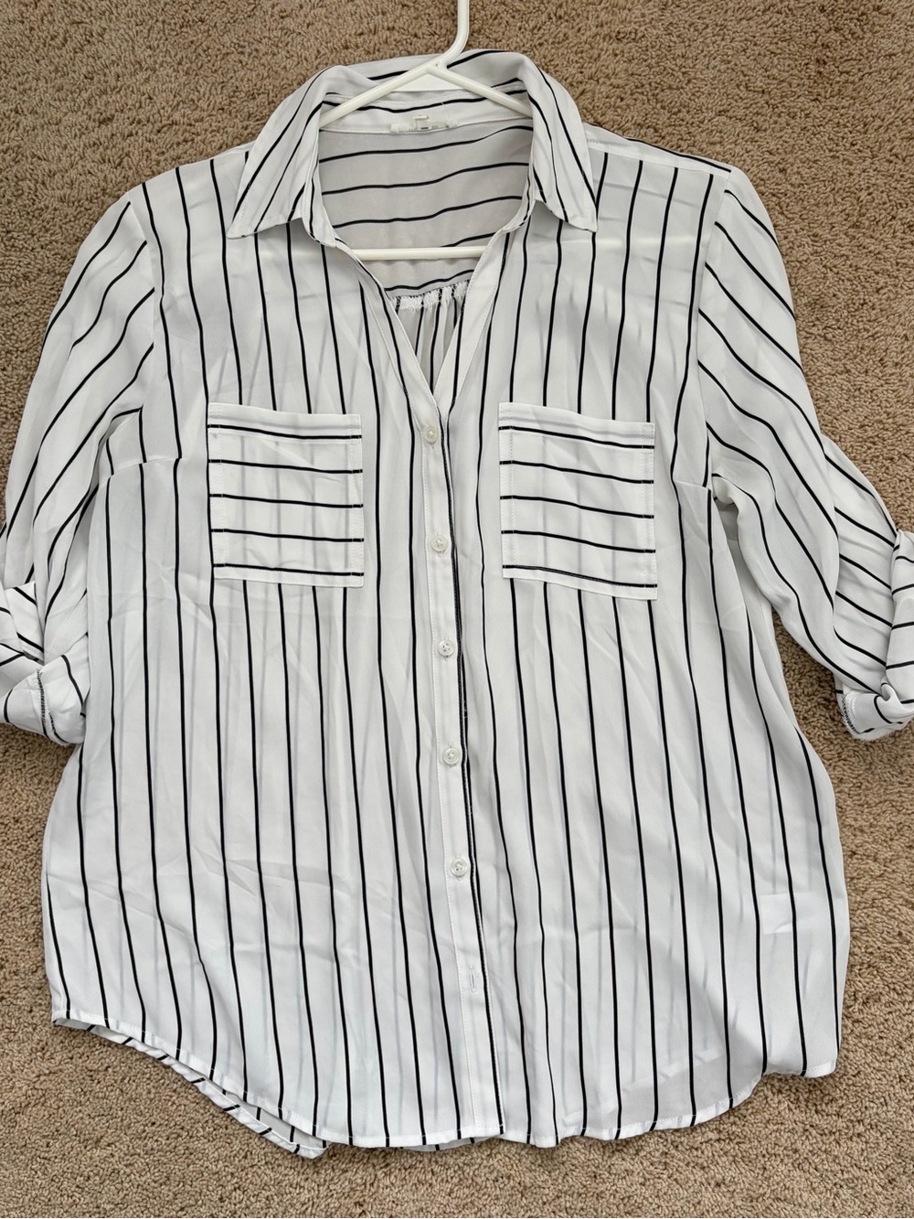 Maurices White Button-Up Blouse with Black Vertical Stripes
